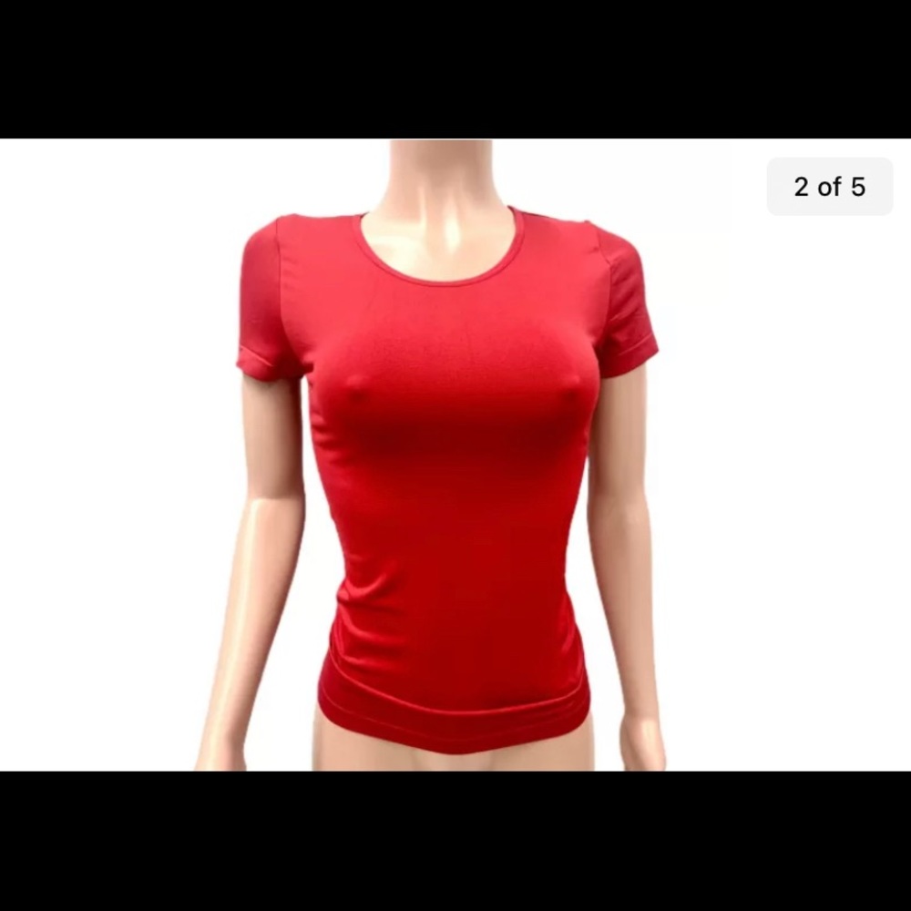 Hot Red Seamless Stretchy Fitted Skin Tight Nylon Crewneck Tee T-shirt Top New